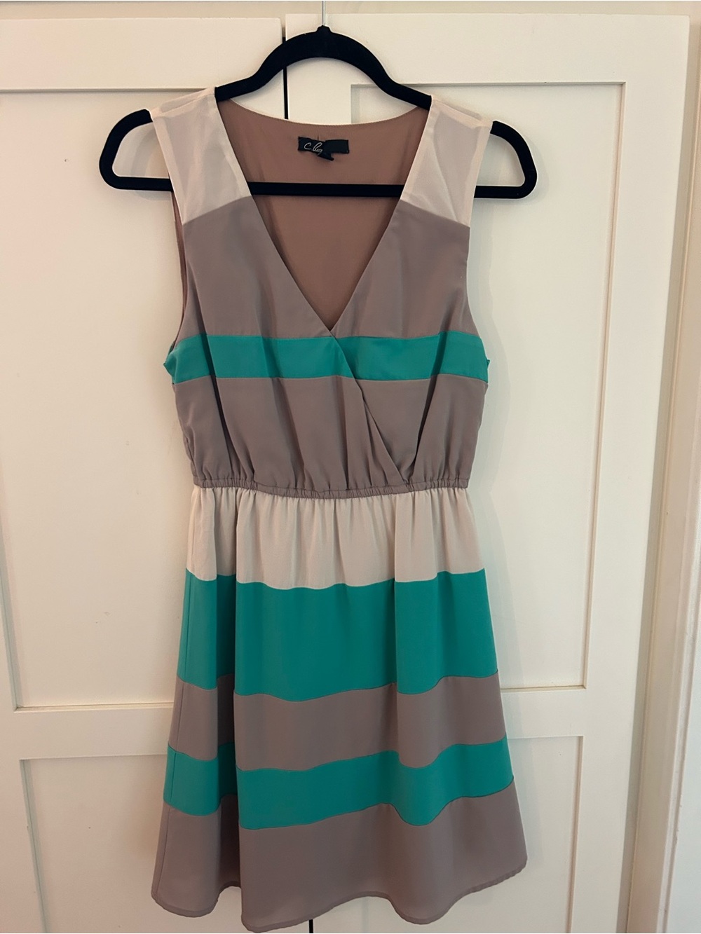 Sleeveless V-Neck Striped Summer Dress in Teal and Gray and Tan
